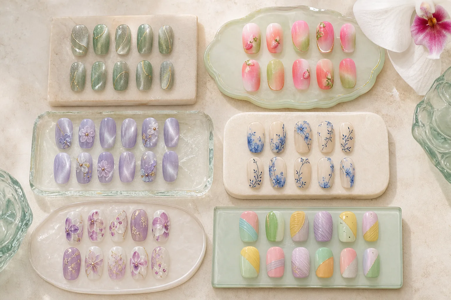 Colourful Mirelle nail designs arranged on glass trays