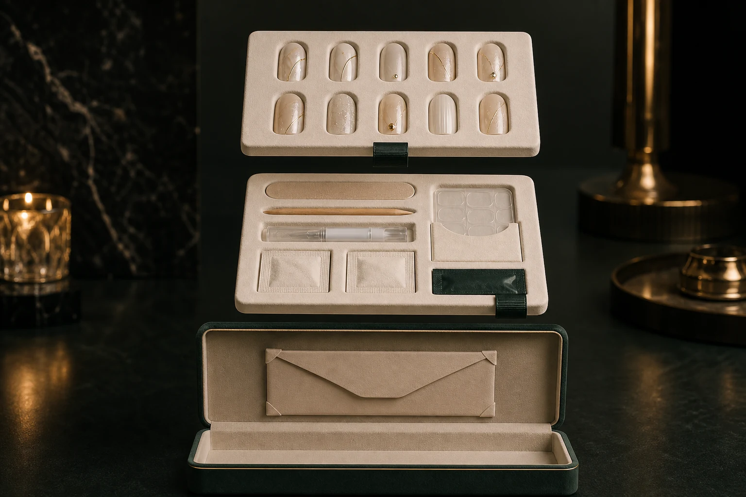 Midnight Green three-layer bespoke nail gift presentation