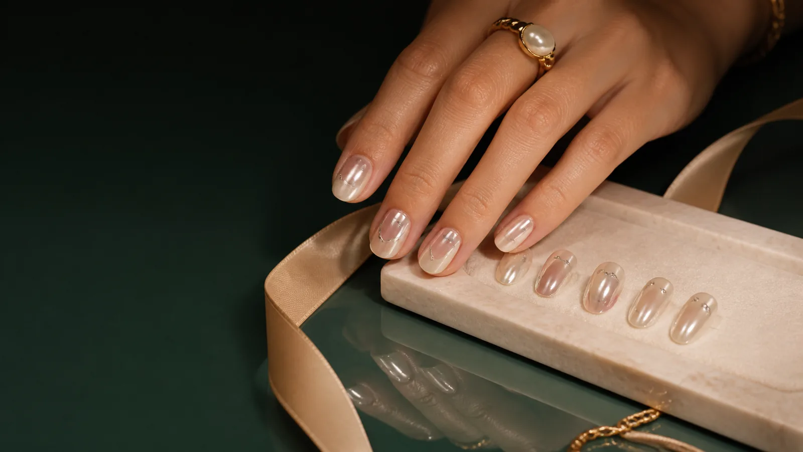 Mirelle short press-on nails in champagne pearl