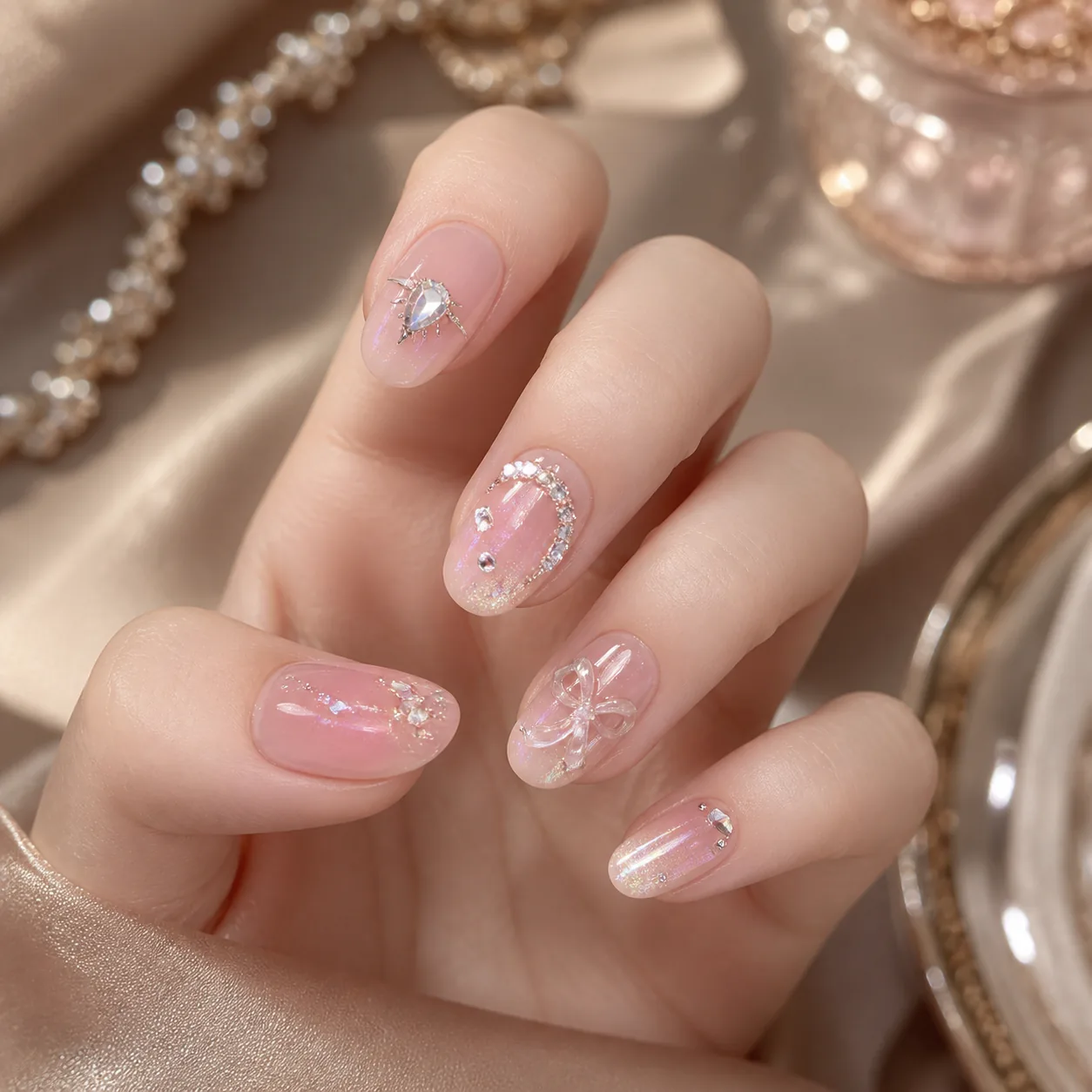 Close view of Mirelle crystal and ribbon nail details
